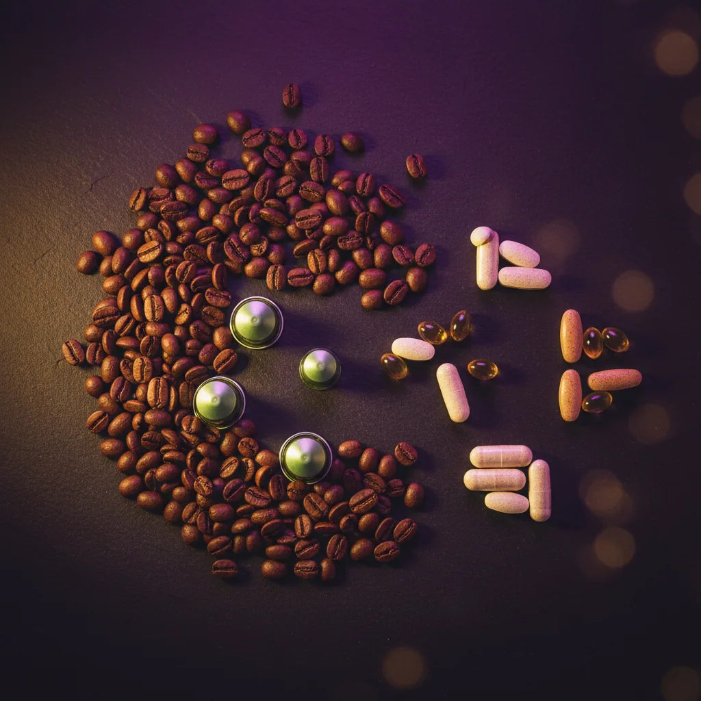 Kaffee mit Nährstoffen angereichert - Zutaten Flatlay
