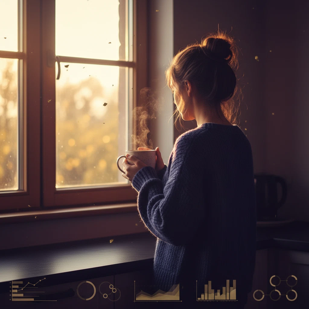 Morgenroutine Energie Wohlbefinden - anonyme Person mit Kaffeetasse am Fenster